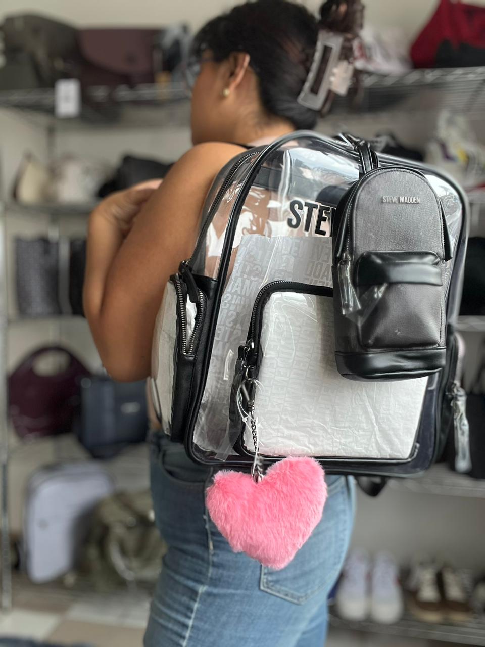 Mochila Steve Madden Original Transparente 3 Piezas – con Funda laptop y Estuche