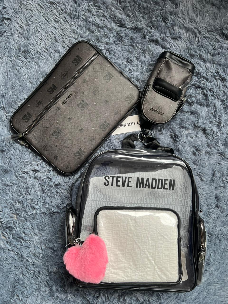 Mochila Steve Madden Original Transparente 3 Piezas – con Funda laptop y Estuche